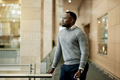 Buy stock photo Business, thinking and black man with suitcase, conference and decision with problem solving. African person, worker and employee with wonder, choice and contemplation with luggage and ponder