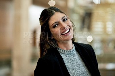 Buy stock photo Business, woman and happy with portrait in office for finance career, asset management and about us. Space, bokeh and financial advisor with smile at investment firm for job promotion and opportunity