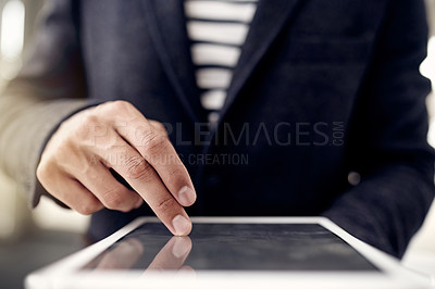 Buy stock photo Hands, person or lawyer with tablet in company for research, consulting advice or feedback. Closeup, update or attorney with touchscreen in office with legal advisor, app or review for court case