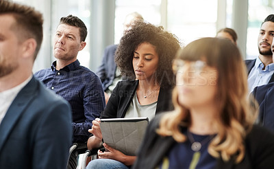 Buy stock photo Business, workshop and woman with tablet in audience for upskill, learning and online summit survey. Global expo, crowd and person with digital notes for career development, knowledge or event agenda