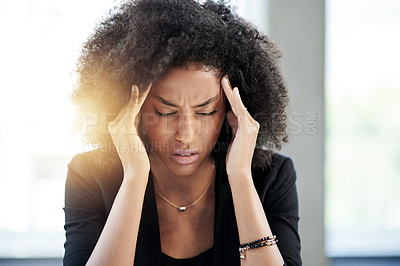 Buy stock photo Company, headache or black woman in office with stress, brain fog or debt crisis. Dizzy, mental breakdown or overworked financial accountant overwhelmed with pressure, migraine pain or business risk 