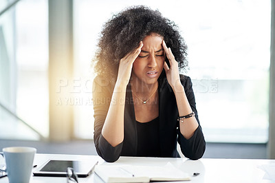 Buy stock photo Fatigue, headache and business woman in office, exhausted with brain fog and pain. Frustrated, tired person and notebook with stress, anxiety and burnout for crisis with project issue in workplace