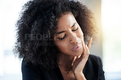Buy stock photo Business woman, cavity and toothache in office from dental injury, tooth decay or gum disease. Consultant, employee and mouth ache from infection, poor oral hygiene or inflammation in creative agency
