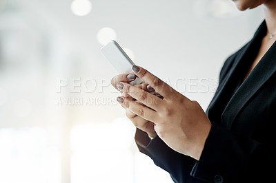 Buy stock photo Hands, phone and business woman in office for email, communication or update for insurance. Mobile, online and broker with digital app for policy review, contact client and networking on internet