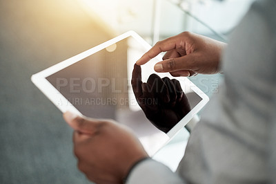 Buy stock photo Hands, tablet screen and business person in office for email, communication or update for insurance. Technology, online and broker with digital app for policy review, research or internet with flare