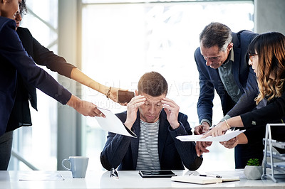 Buy stock photo Business, man and multitasking with headache in office with phone call, paperwork and work pressure. Overwhelmed, person and overload stress with migraine, document signature and time management