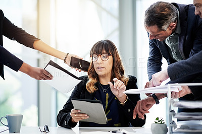 Buy stock photo People, overwhelmed and businesswoman in office with task, administration crisis or tablet. Job pressure, workflow chaos or hands of staff giving documents for deadline or report paper to manager