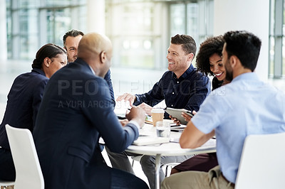 Buy stock photo Laugh, team and planning with business people in meeting for investment, research or budget proposal. Collaboration, treasury advisor or account manager with employees in office for funny and joke