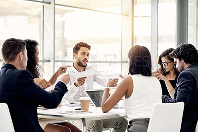 Buy stock photo Meeting, business people and handout document for discussion, policy and idea proposal. Planning, collaboration and giving paperwork to group for compliance review, strategy and feedback in office