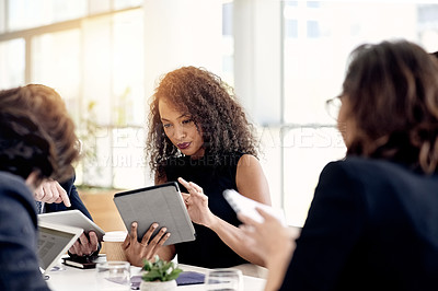Buy stock photo Meeting, team and businesswoman with tablet for proposal, review policy and discussion in office. Planning, collaboration and group with technology for compliance idea, brainstorming and feedback