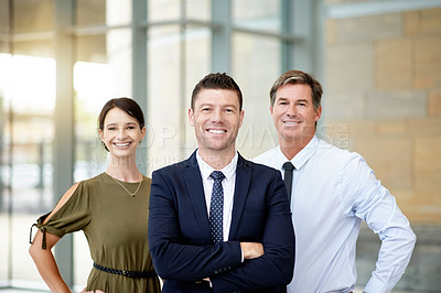 Buy stock photo Portrait, recruitment and business team by office building, about us and we are hiring for agency. Talent acquisition, join us and confident people with manager at work, job opportunity or leadership