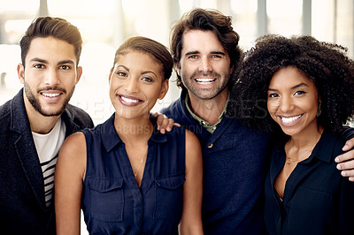 Buy stock photo About us, diversity and portrait of business people in office for career development or professionalism. Collaboration, company and smile with happy employee team in workplace together for solidarity
