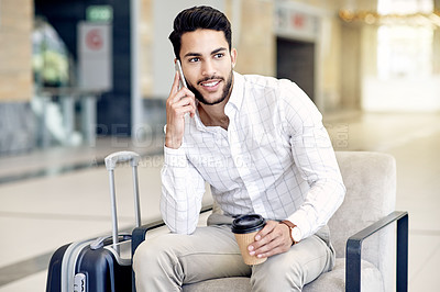 Buy stock photo Phone call, travel and business man in airport lobby for conference, check in and confirmation. Trip booking, seminar schedule and flight plan with person and drink with information on reservation