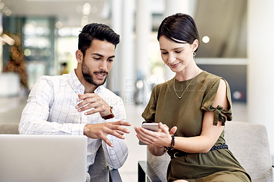 Buy stock photo Laptop, phone and business people in airport for trip, conference and email confirmation. Online booking, seminar schedule and smile with man, woman and tech for reservation information in lobby
