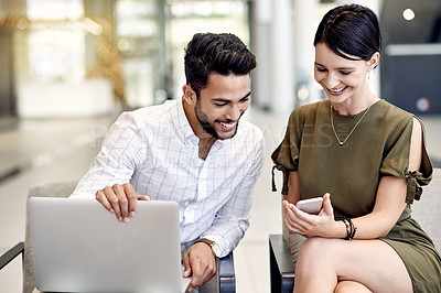 Buy stock photo Research, laptop and phone with business people in office for app developer, bug testing and teamwork. Collaboration, tech startup and feature update with man and woman for software and review