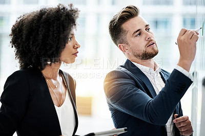 Buy stock photo Business, whiteboard and people with tablet, planning and teamwork with financial agency. Employees, man and woman in workplace, tech and brainstorming for funding proposal, discussion and accounting