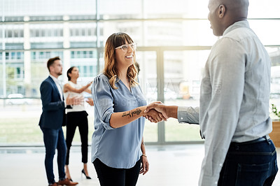 Buy stock photo Business, handshake and people in office, partnership and onboarding with introduction. Cooperation, agreement and employees with b2b deal, shaking hands and hello with thank you, greeting or welcome