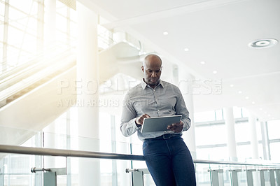 Buy stock photo Tablet, communication and black man in office with research for finance report with email. Digital technology, contact and African male financial manager with online investment proposal in workplace.