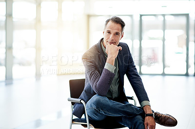 Buy stock photo Happy, chair and portrait of businessman in office with confidence for finance company. Space, professional and male financial CEO from London with pride for corporate career growth in workplace.