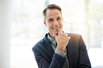 Buy stock photo Investor, portrait and mature businessman with smile for investment project or venture capital. CEO, space or happy executive director in office with confidence, private equity or finance experience