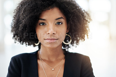 Buy stock photo About us, portrait and serious with business woman in lobby for company or corporate development. Afro, convention center and face of African employee in foyer for career growth or opportunity