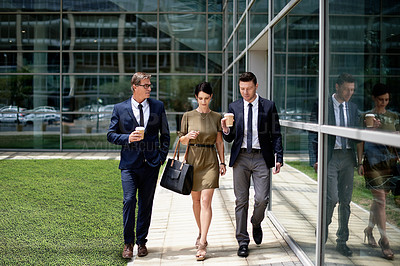 Buy stock photo Outdoor, business and people with communication by glass office, conversation and commute to work. Listening, colleagues and travel to company with discussion, friendship and commitment in workplace.