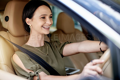 Buy stock photo Happy, driving and business woman in car for travel, morning commute and schedule. Smile, transportation and location with corporate person in vehicle window for journey, drive and destination