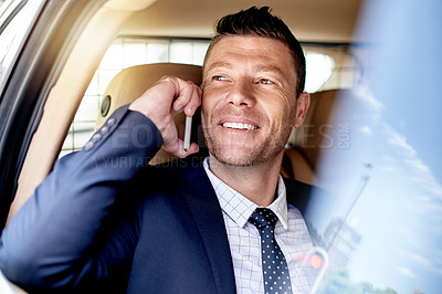Buy stock photo Car, phone call and vision with business man in backseat for travel to job or work location. Communication, commute and thinking with happy employee in vehicle for transportation by passenger window