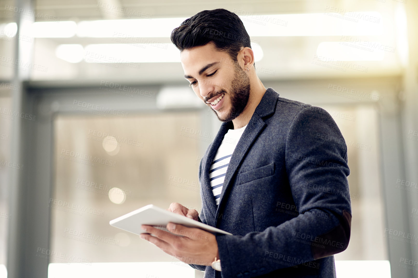 Buy stock photo Employee, research and man with tablet, office or review of stock market and investment opportunity. Business, trader and person with tech for economic growth on website, space and happy with info