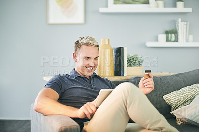 Buy stock photo Credit card, tablet and smile with man on sofa for online shopping, digital purchase and password. Ecommerce app, fintech and debit transaction with person in living room of home for security pin