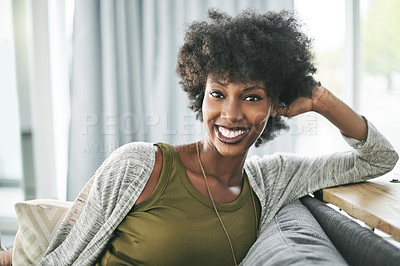 Buy stock photo Portrait, happiness and black woman in lounge, peace and comfortable on weekend, calm and apartment. Relax, person and rest on couch, smile or confident in home, break or positive attitude in Nigeria