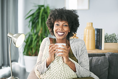 Buy stock photo Happy, coffee and portrait of black woman on sofa with drink for relax, calm and wellness in home. Living room, morning and person with beverage on couch for peace, comfortable and resting on weekend