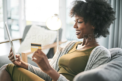 Buy stock photo Online shopping, tablet and black woman with credit card for bank info, internet purchase and digital sale. Home, sofa and person relax on tech for ecommerce, payment and discount on website store