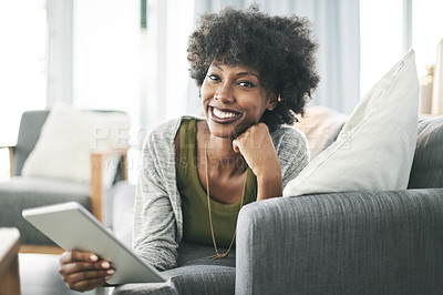 Buy stock photo Happy, tablet and portrait of black woman on sofa for online connection, social media and internet. Home, relax and person on digital tech for networking, scroll website and communication on weekend