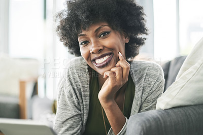 Buy stock photo Happy, home and portrait of black woman with tablet on sofa for resting, comfortable and break. Smile, couch and person on digital tech for internet, chilling and relax on weekend in living room