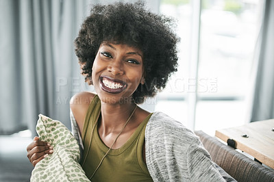 Buy stock photo Portrait, relax and smile with woman on sofa in living room of home for break, me time or wellness. Afro, satisfaction and teeth with happy African person in apartment for weekend optimism or rest