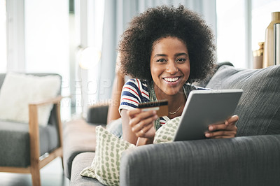 Buy stock photo Online shopping, portrait and woman with tablet, lounge and card for purchase, customer and payment. Rest, consumer and African person with credit for discount, smile and tech for ecommerce in house