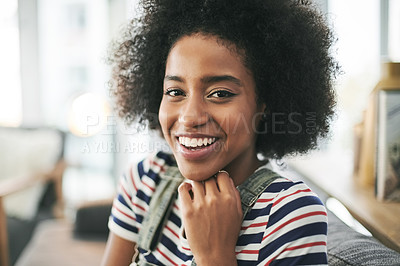 Buy stock photo Smile, relax and portrait of woman on sofa in home for calm, peaceful or morning on weekend break. Happy, confident and female person from Brazil with positive attitude in living room at apartment.