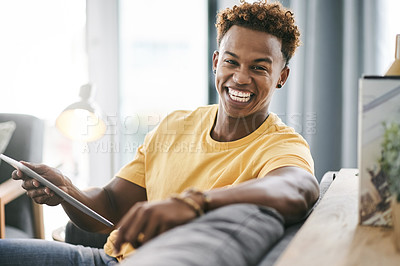 Buy stock photo Man, student in portrait and tablet in home for scroll, internet search or ebook app for remote learning. Black person, tech for elearning application or university network to connect in house