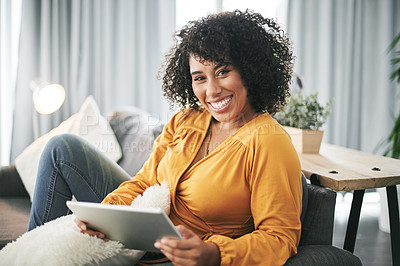 Buy stock photo Portrait, home and woman with tablet, smile and website info with internet, network and relax. Apartment, technology and person with happiness, social media and connection with communication