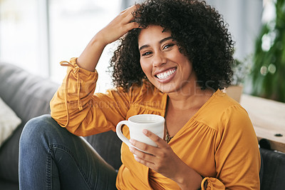 Buy stock photo Coffee, happy and portrait of woman on sofa in home with calm relax or peaceful morning on weekend break. Smile, cappuccino and female person from Brazil with warm drink in living room at apartment.