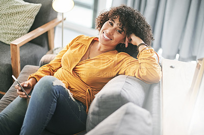 Buy stock photo Portrait, smile and woman on couch, cellphone and connection with internet, relax and texting. Home, smartphone and happy person with communication, website info and social media with online chatting