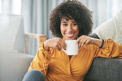 Buy stock photo Happy woman, portrait and tea in living room of home, unwind or routine to relax with drink in house. Smile, comfortable and black person with warm beverage for rest, break or weekend at apartment