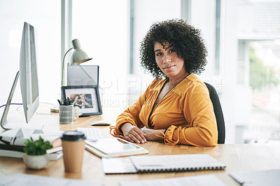 Buy stock photo Portrait, business and woman with computer in office for career pride, about us and media agency, Journalist, confident and PC with ambition, writing story and article source for publication schedule