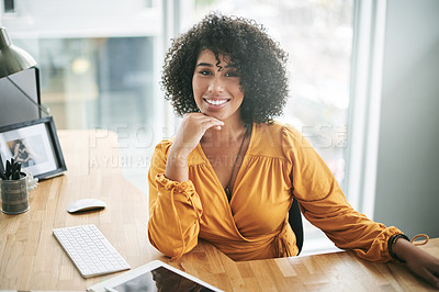 Buy stock photo Portrait, employee and black woman with pride, office and smile for career development and creative. Happy, graphic designer and ambitious for job opportunity, confident or positive attitude in Kenya