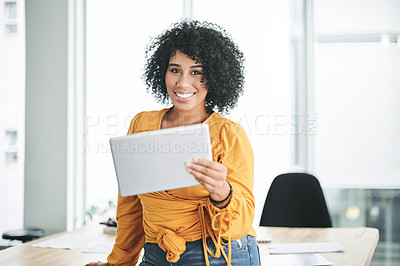 Buy stock photo Tablet, creative and portrait of woman in office for website, social media marketing and online branding. Business, happy and person on tech for digital portfolio, internet and research for project