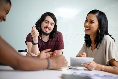 Buy stock photo Small business, team or happy in office with tablet, brainstorming or positive review. Online information, woman or men in workplace for feedback, collaboration or smile with tech for new opportunity