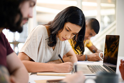 Buy stock photo Business, people and writing in presentation at workplace for creative brief, project updates and requirements. Team, graphic designers and meeting to review trends, collaboration and workshop.