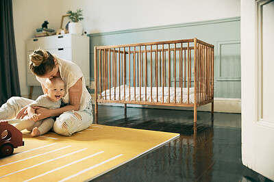 Buy stock photo Baby, mother and play with child in home, having fun or bonding, relaxing or laughing. Development, care and happy kid, newborn or toddler playing with mama or enjoying quality time in house together