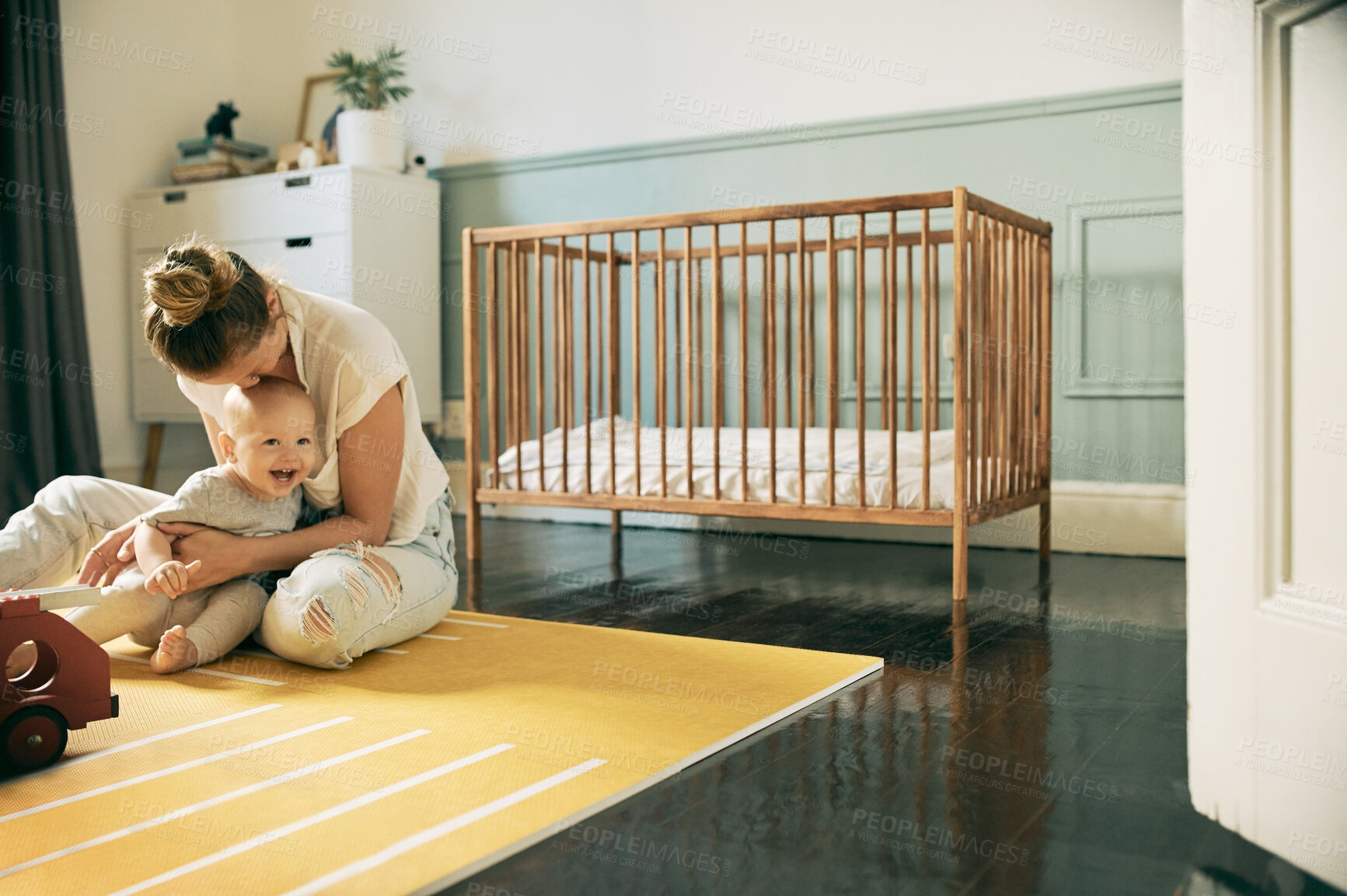 Buy stock photo Baby, mother and play with child in home, having fun or bonding, relaxing or laughing. Development, care and happy kid, newborn or toddler playing with mama or enjoying quality time in house together